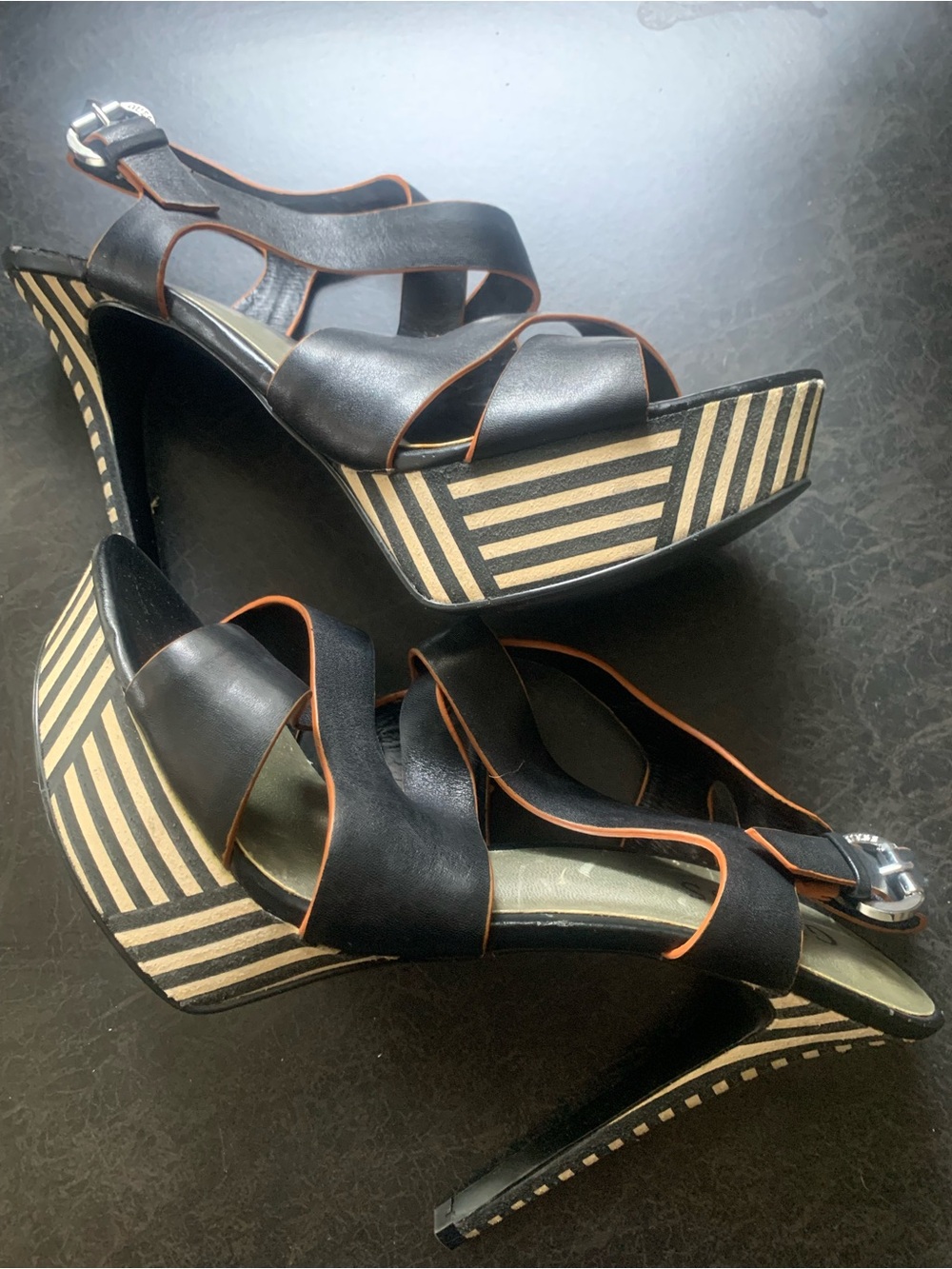 GUESS Black High Heel Strappy Sandals with Brown Trim